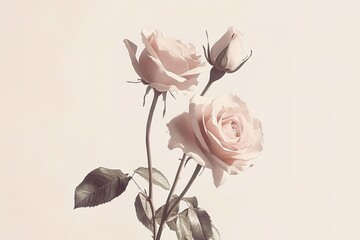 Elegant Vintage Roses: A Trio of Pale Pink Blooms, Delicate Botanical Illustration, Perfect for Wedding Invitations, Romantic Designs, Vintage Style Prints, Antique Floral Artwork, Soft Pastel Hues,  