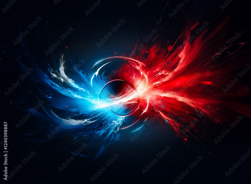 Poster abstract artwork depicting a clash of vibrant red and cool blue energy, swirling and colliding in a 