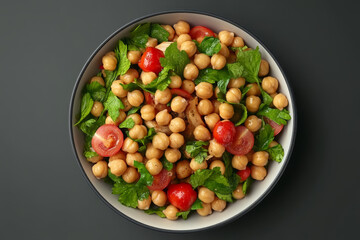 Close-up of a vibrant chickpea salad with fresh parsley, cherry tomatoes, and a drizzle of olive oil, presented in a modern bowl on a dark slate background, perfect for healthy eating, vegan recipes, 