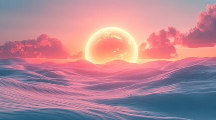 A surreal desert with a massive glowing sphere rising above abstract dunes