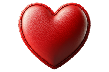 Red leather heart with visible stitching details, textured surface and smooth finish isolated on white transparent background, symbolizing love and care
