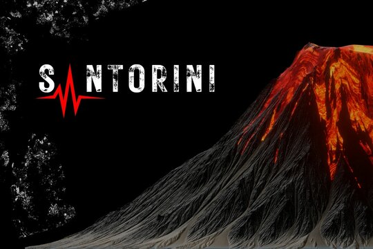 Illustration of earthquakes and volcano seismic activities and danger in Santorini Island, Greece with black and red theme danger warning of disaster