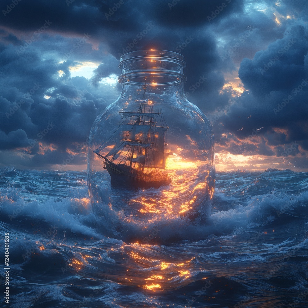 Poster ship in a liquidfilled glass jar floating on dark choppy waves under a stormy sky digital art style 