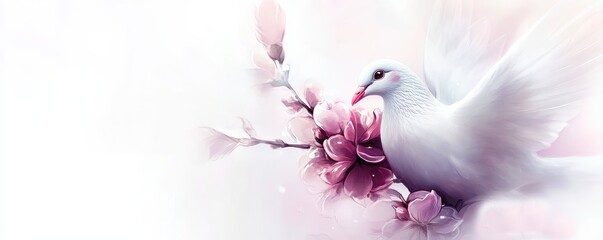 A delicate white dove carrying a pink flower women’s strength symbolizes