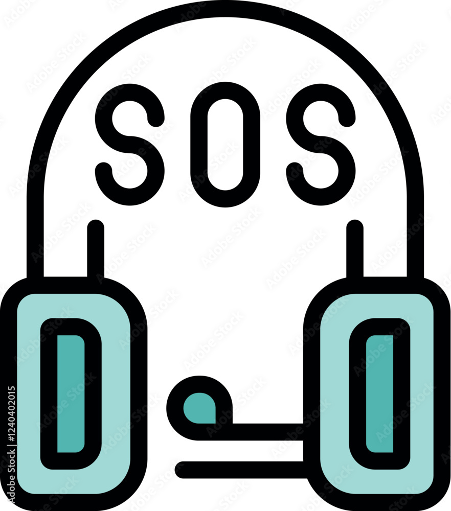 Poster headphones with a microphone displaying an sos message, indicating a need for immediate help or supp