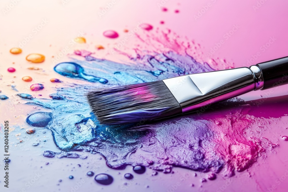 Poster vibrant paint splashes and a brush create a colorful artistic display on a surface
