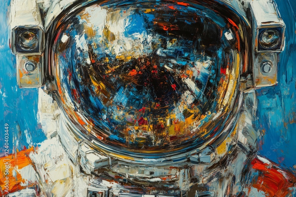 Poster exploration of space through the vibrant reflection in a detailed astronaut helmet