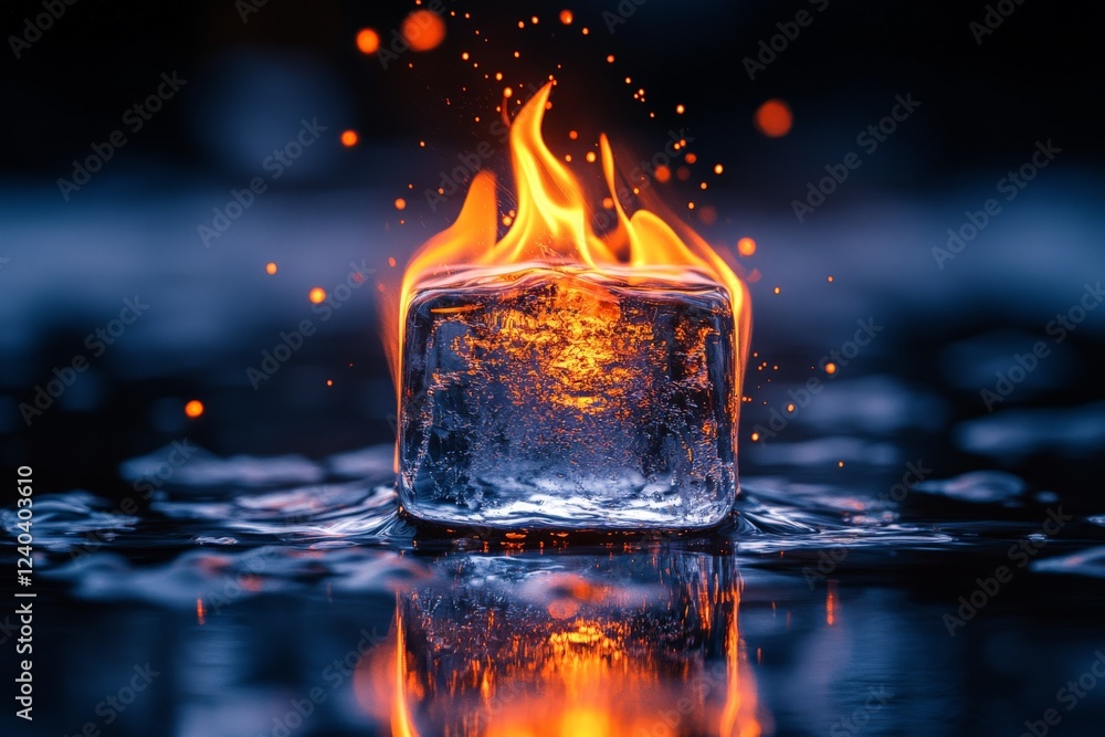 Poster Fire ignites on top of ice creating a captivating contrast in a dark, watery environment