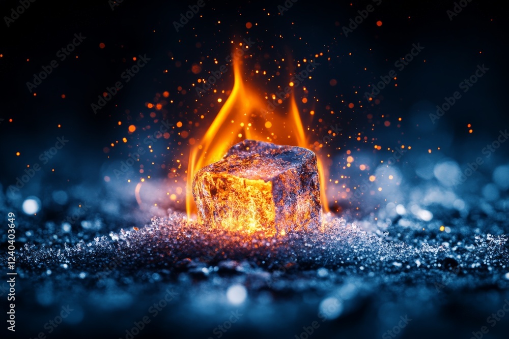 Poster fiery ice cube on dark surface with vibrant flames and glowing sparks
