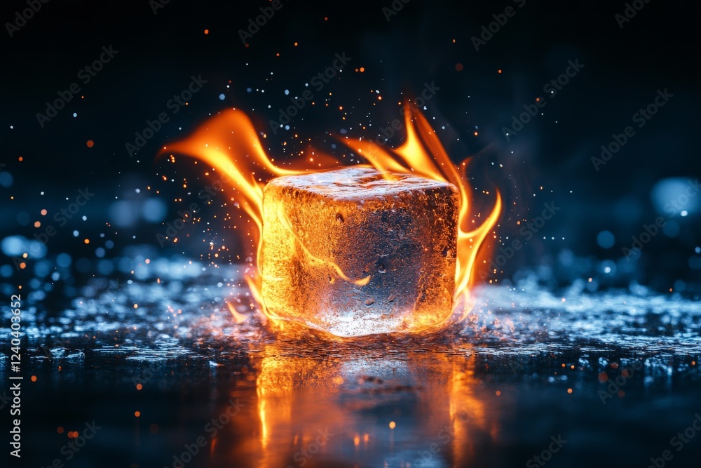 Aufkleber fire and ice collide in an intense display of melting burning ice cube on reflective surface with sp