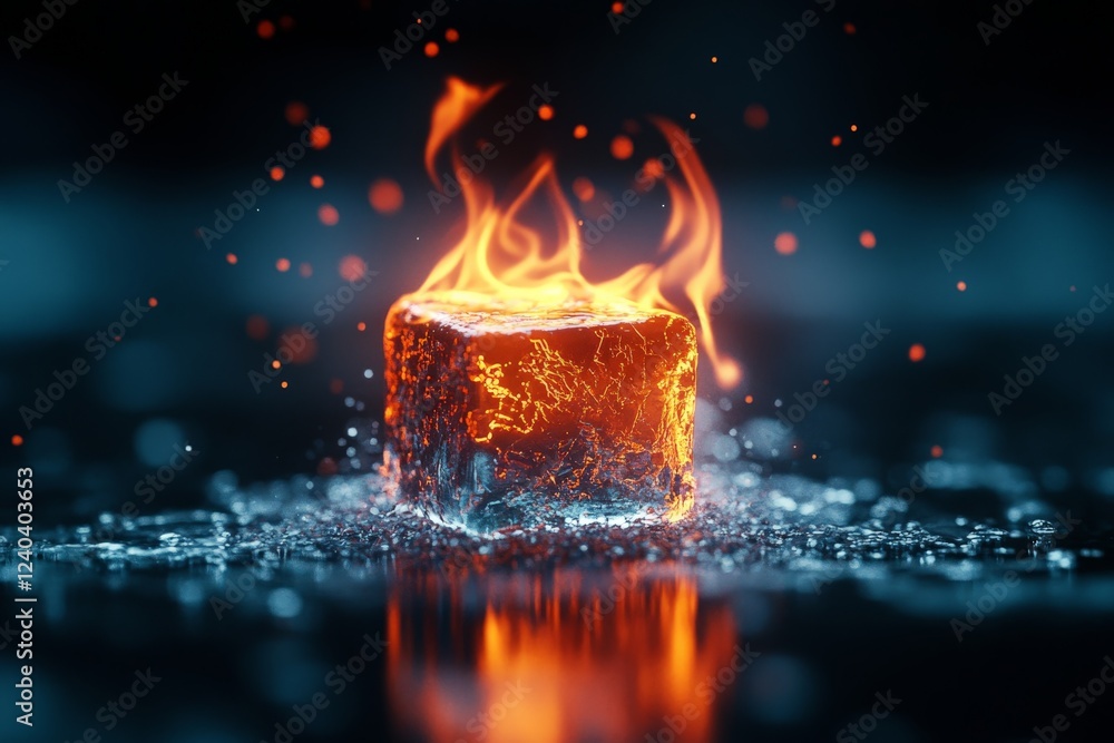 Poster burning ice cube creates a dramatic contrast of fire and water in a surreal display of elements
