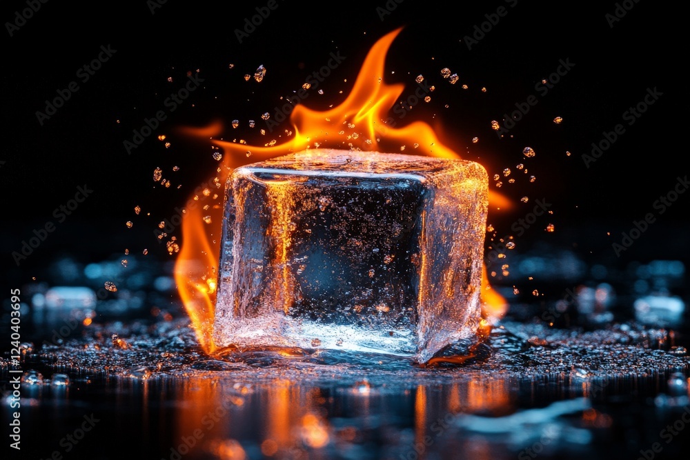 Poster flames and ice collide in a striking display of contrasting elements in a dark environment