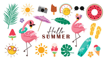 Hello summer elements icon clipart set. Summer tropical element with colorful clip art like flamingo, sun, floaters, umbrella sign and symbol collection vector illustration. 
