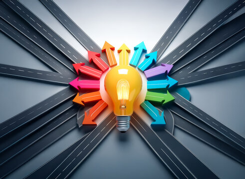 A glowing lightbulb, symbolizing an idea, is surrounded by colorful arrows and roads, suggesting multiple paths and choices.  It represents diverse options for innovation and progress.