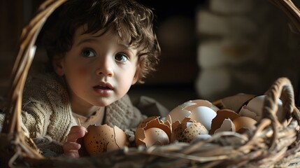 Naklejka premium A child discovering a hidden realm inside a basket with cracked eggshells
