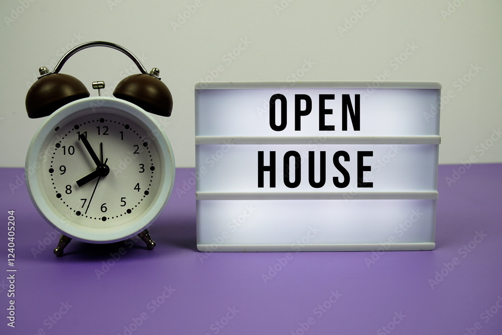 Poster open house text on led lightbox with alarm clock on purple background