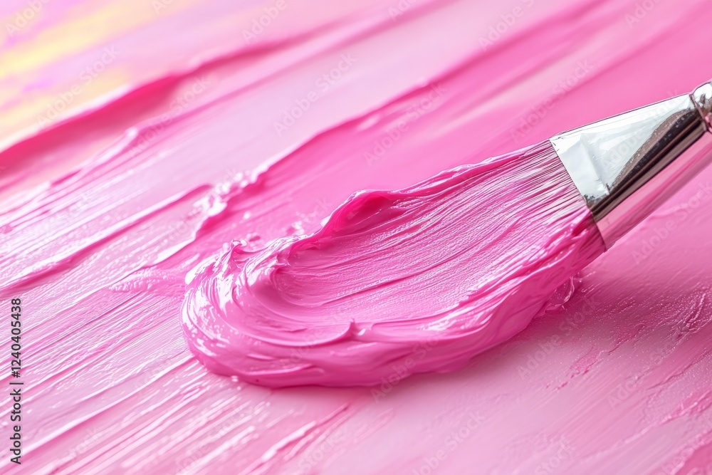 Poster vibrant pink paint being spread with a brush on a smooth canvas creating an artistic texture