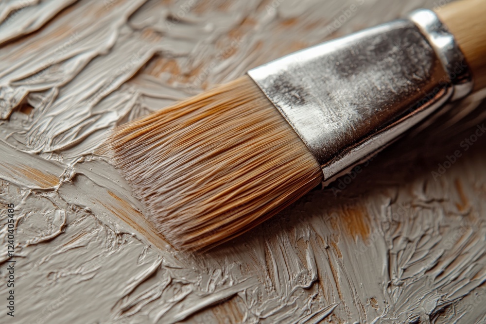 Aufkleber brush applying textured paint on canvas in a creative art studio setting during afternoon light