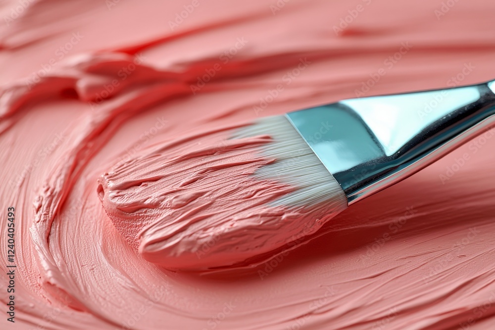 Poster Mixing and applying soft pink paint with a brush on a smooth surface indoors during a creative project