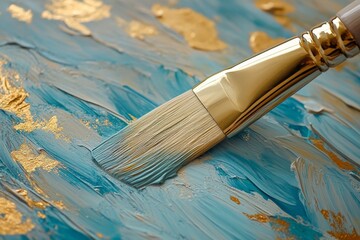 Fototapeta premium Brush applying blue paint on textured art canvas with metallic accents during a creative session