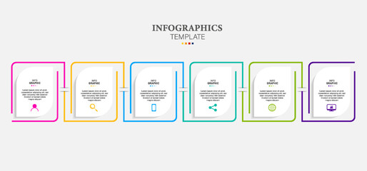Line flow infographic template. 6 steps timeline milestone graphic, presentation banner concept. Vector options workflow infographic