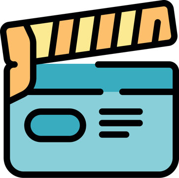 Movie clapperboard closing, signaling start of filming, colorful icon representing filmmaking process