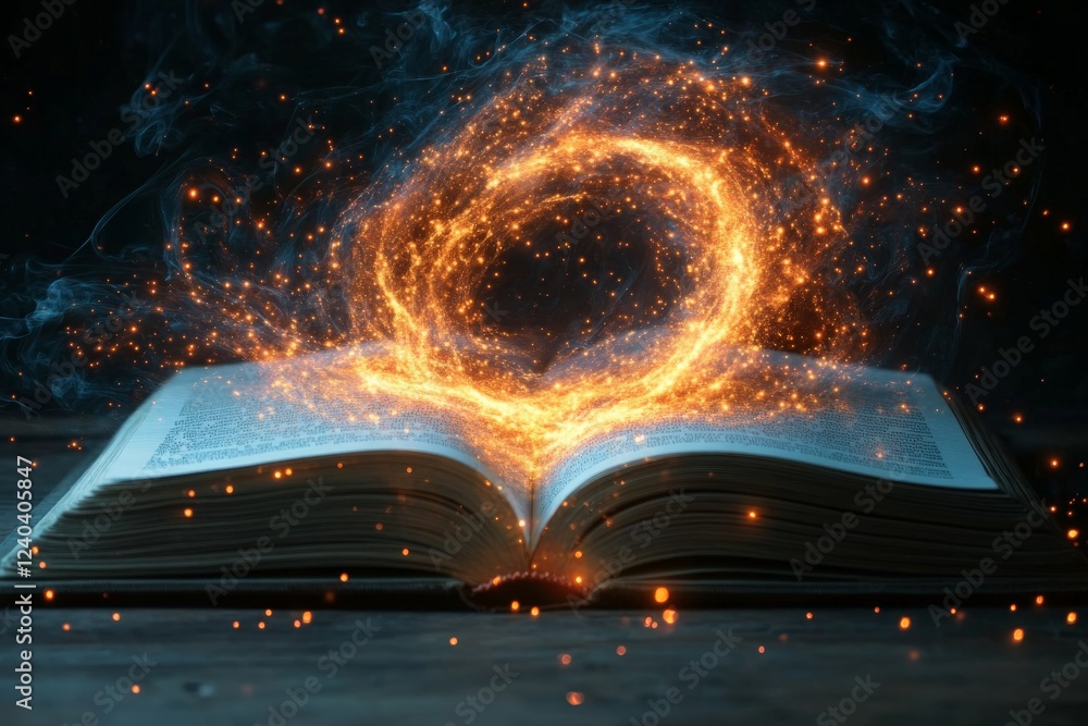 Poster Magical glowing ring emerging from an open book in a mystical setting