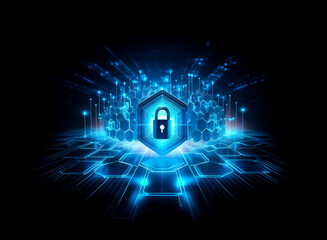 Glowing blue padlock icon at the center of a hexagonal digital network, representing cybersecurity and data protection.  The image conveys a sense of security and technological advancement.