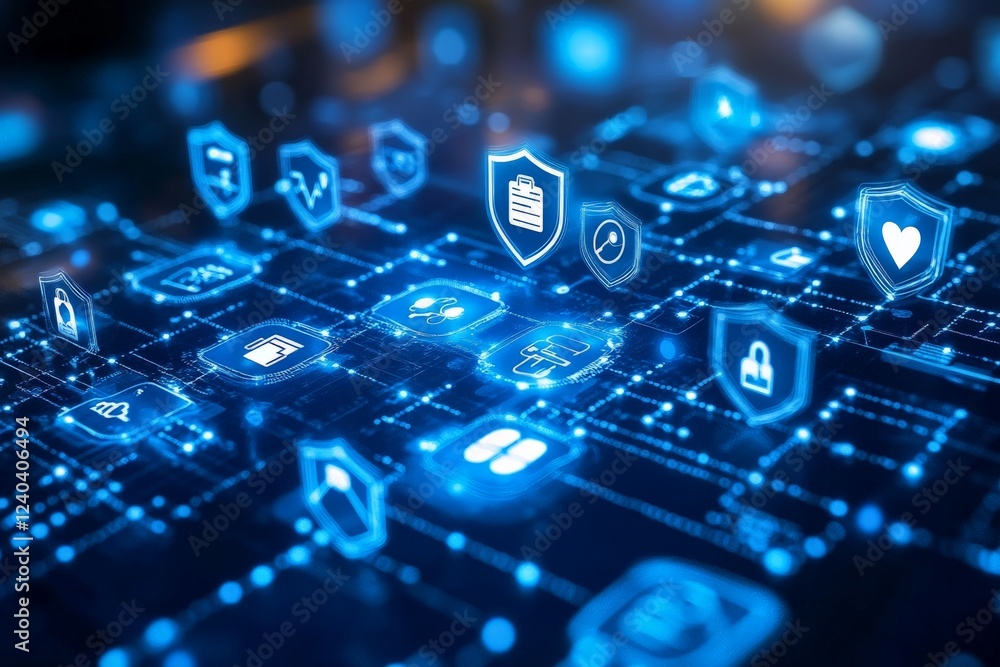 Aufkleber digital icons representing cybersecurity and data protection in a futuristic setting