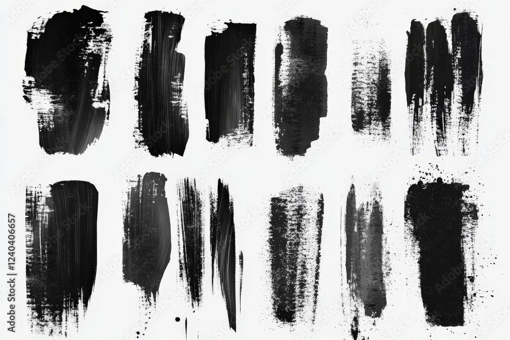 Poster abstract black brush strokes on a white background showcasing various textures and techniques in con