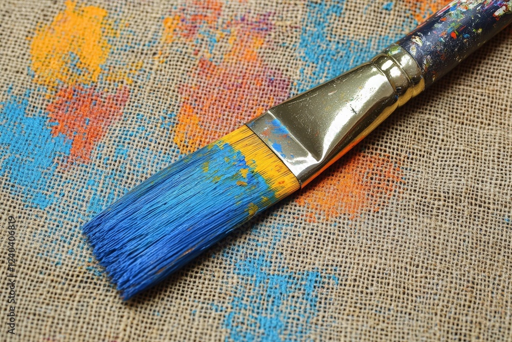 Poster bright blue paintbrush resting on a textured canvas background covered in colorful paint splatters