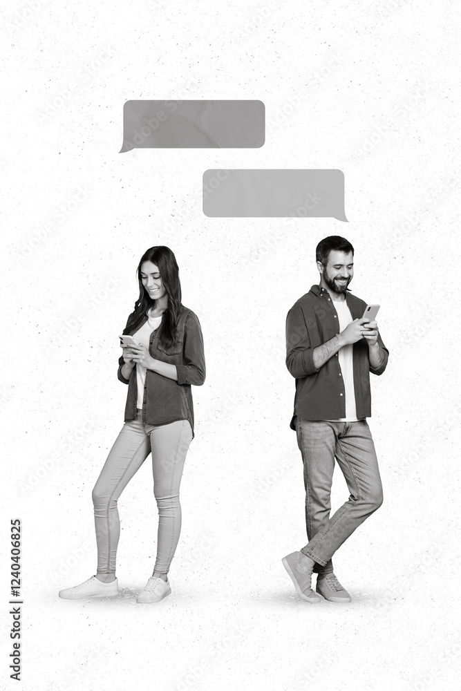 Poster 3d retro creative collage artwork template of happy smiling lady guy exchanging messages modern devi