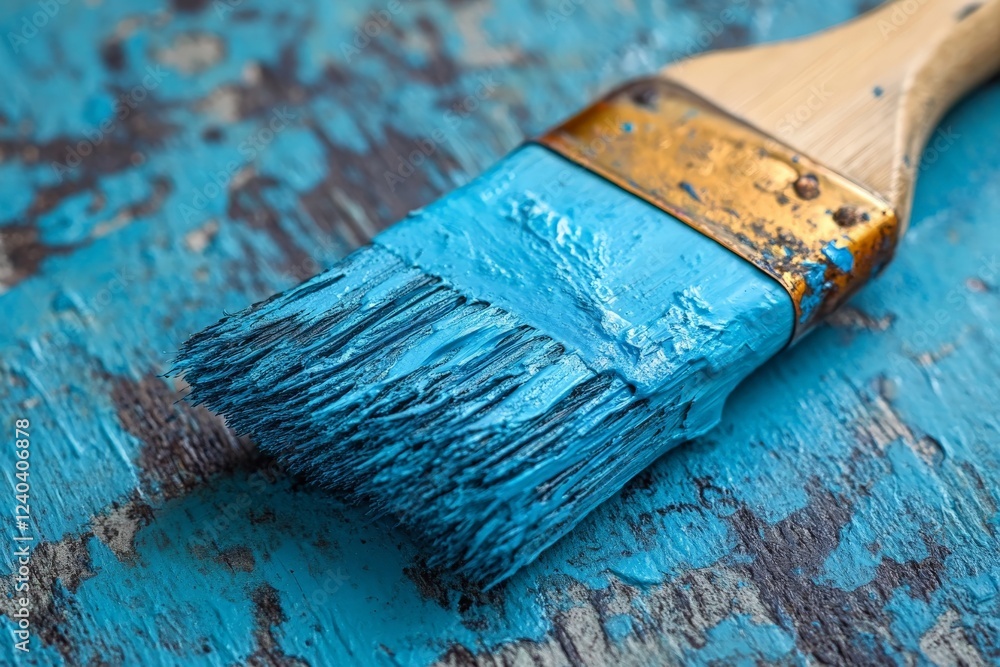 Aufkleber freshly painted blue brush resting on a textured surface after an afternoon of creative work in a ru
