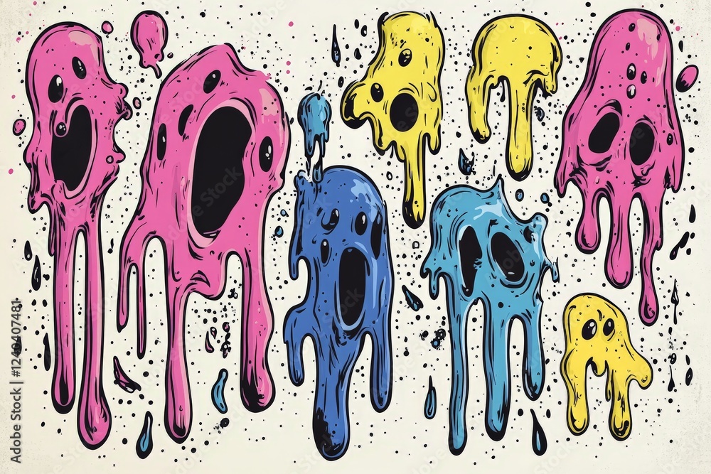 Poster colorful abstract ghost figures melting against a textured background in a playful art style