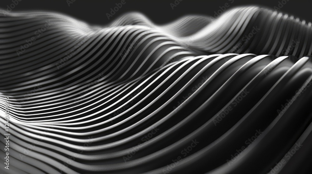 Poster 3d rendering of abstract background with wavy lines in black and white colors