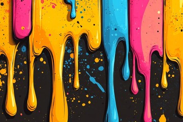 Obraz premium Vibrant paint drips create a colorful abstract art piece on a dark background during daytime