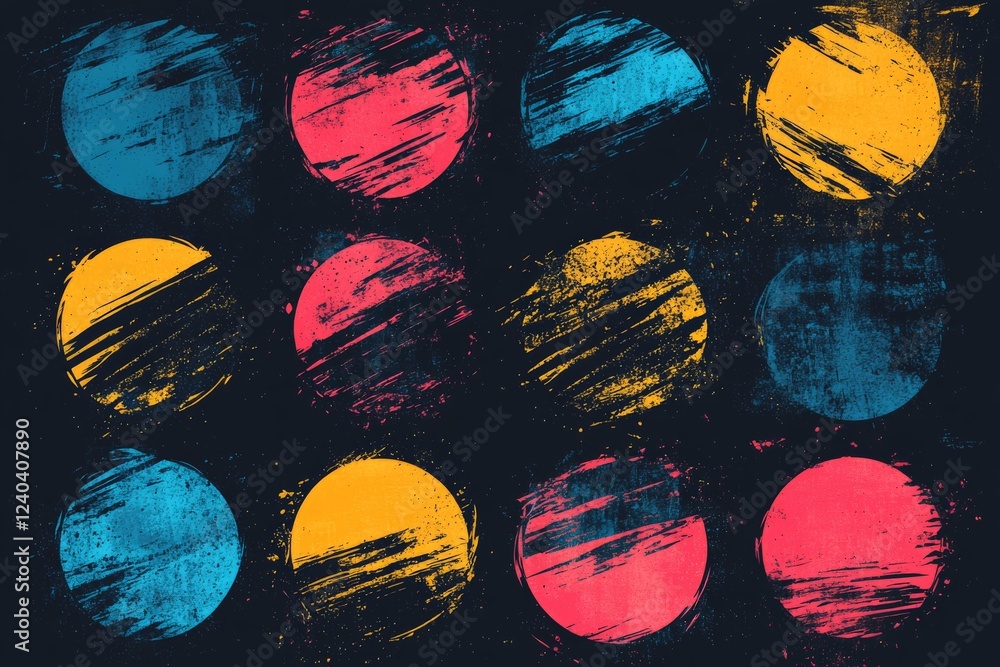 Poster Colorful abstract circles with vibrant brush strokes on a dark background create an artistic texture effect