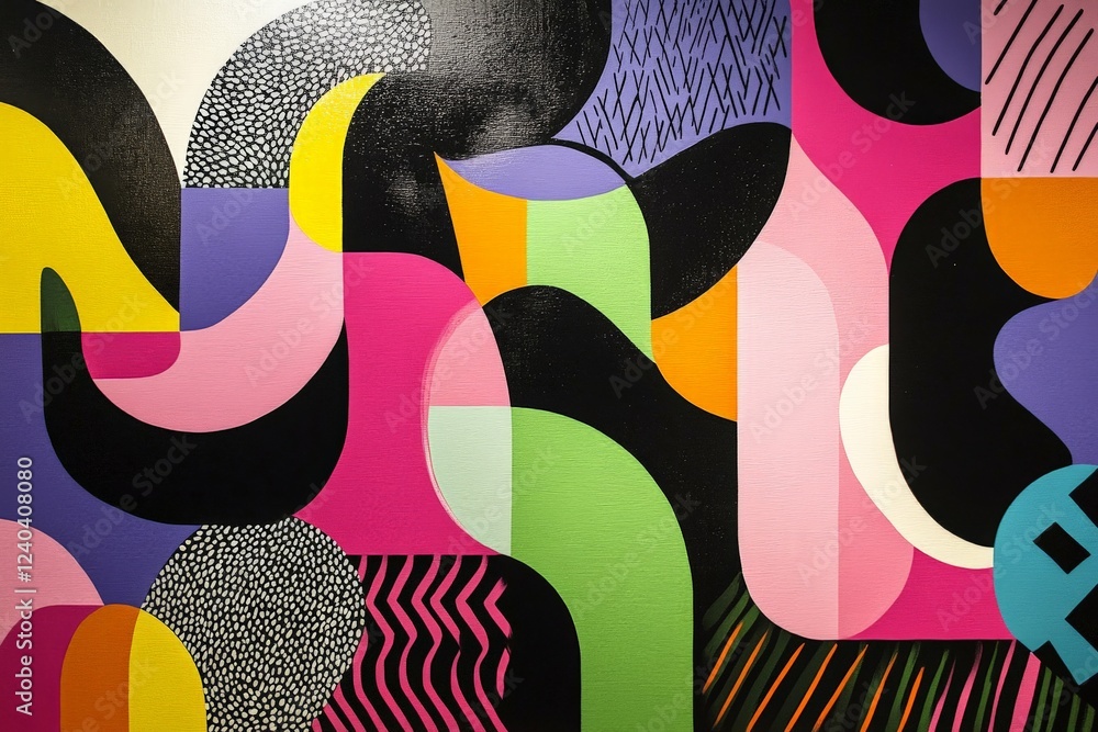 Poster vibrant abstract mural showcasing colorful shapes and patterns in an urban setting during daylight