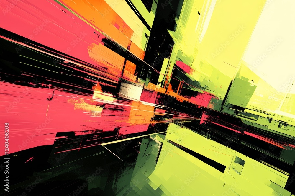 Poster dynamic abstract composition showcasing vibrant colors and geometric shapes in a futuristic environm