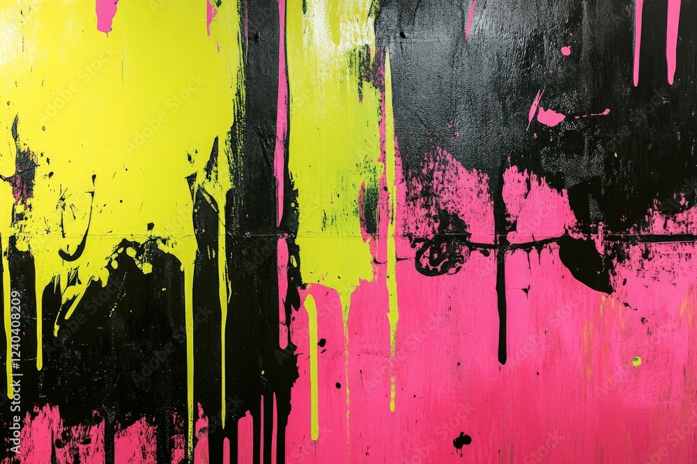 Poster bright splashes of neon paint create a striking mural on a black wall in an urban setting