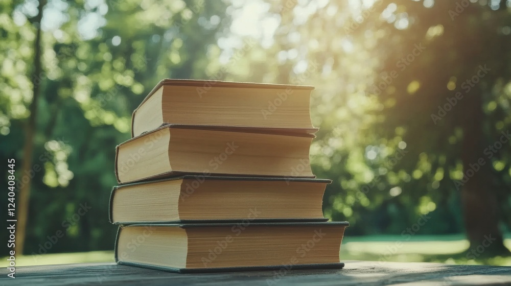 Poster stack of books in natural light and calm setting