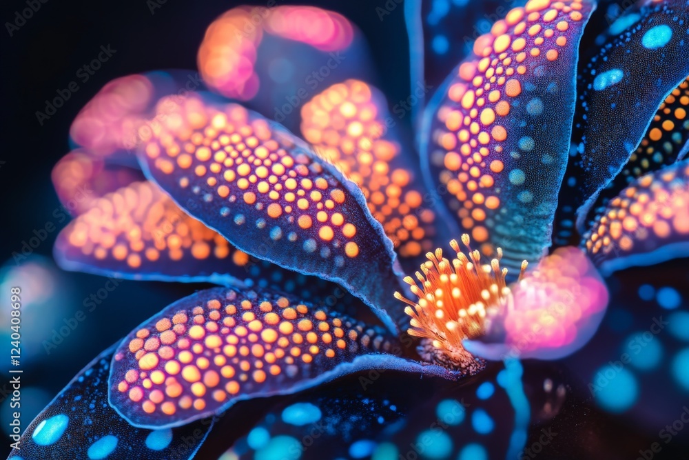 Aufkleber vibrant close-up of a fluorescent flower with intricate patterns and colors under soft light