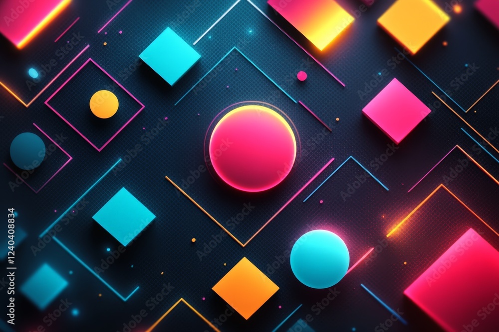 Poster Colorful geometric shapes create a dynamic pattern on a dark background