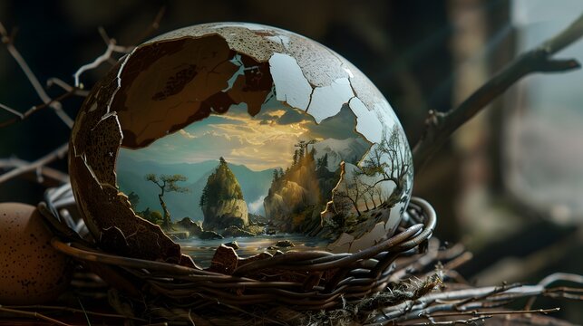 Cracked eggshells in a basket revealing a tiny fantasy world