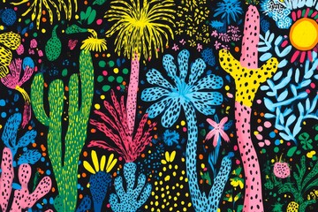 Fototapeta premium Colorful desert plants with vibrant patterns and intricate details in a lively art piece
