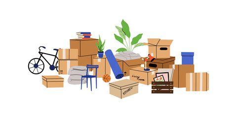 Cardboard boxes, interior things. Moving home service. Carton package with plant, bicycle and books. House relocation. Package heap and pile. Storage shipping cartoon flat isolated vector composition