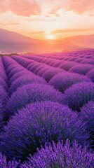 Fototapeta premium A breathtaking lavender field stretches towards the horizon, bathed in warm sunset hues, creating a serene and picturesque landscape.