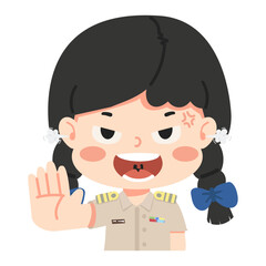 female teacher raising her hand as a gesture to stop