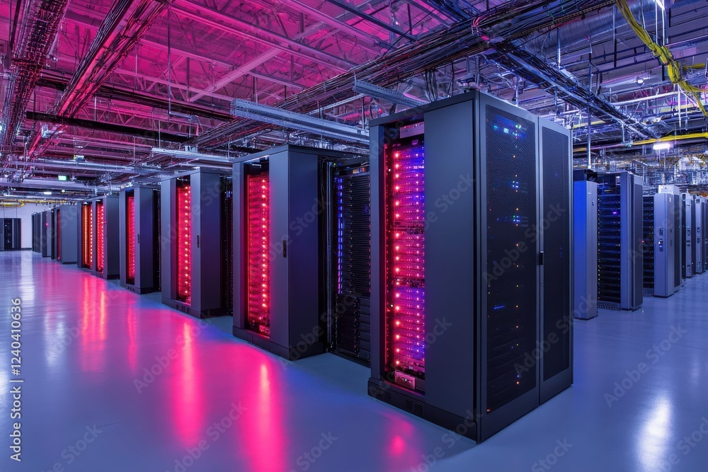 Poster a modern data center featuring rows of servers with vibrant led lighting, showcasing a high-tech, ef
