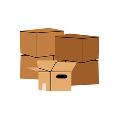 Cardboard boxes. Stacked box piles. Cargo warehouse stack. Delivery and moving container. Hand drawn package heap, carton mailboxes. Parcel cartoon flat isolated vector illustration composition set